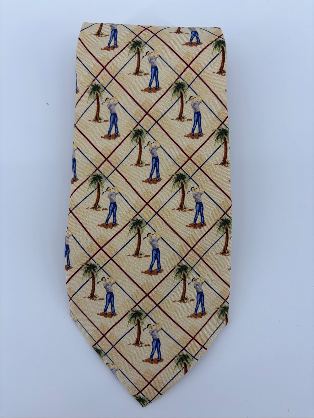 Tommy Bahama Men's Yellow Palm Tree & Golfer Pattern Neck Tie 100% Silk NWT